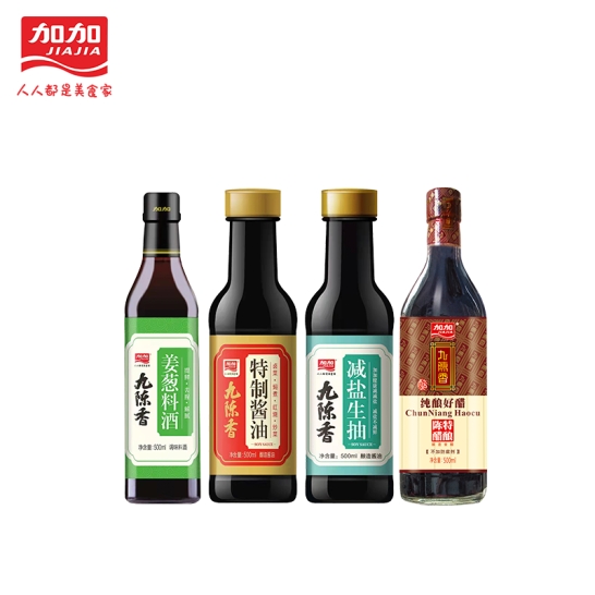 加加九陈香系列B款： 九陈香特级减盐生抽500ml*1瓶 九陈香姜葱料酒500ml*1瓶 九陈香特制酱油500Ml*1瓶 九陈香陈醋500Ml*1瓶