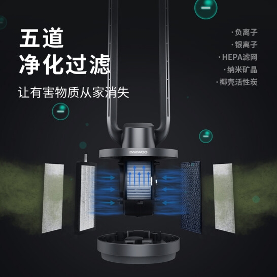 大宇(DAEWOO) 无叶风扇家用电风扇对流空气循环扇 搭配空调 无叶风扇F9 净化无叶扇F9max-太空灰